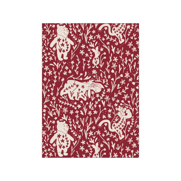A playful pattern featuring cream-colored outlines of beloved characters peeking through whimsical flowers and foliage against a deep red background, creating a charming and whimsical visual.