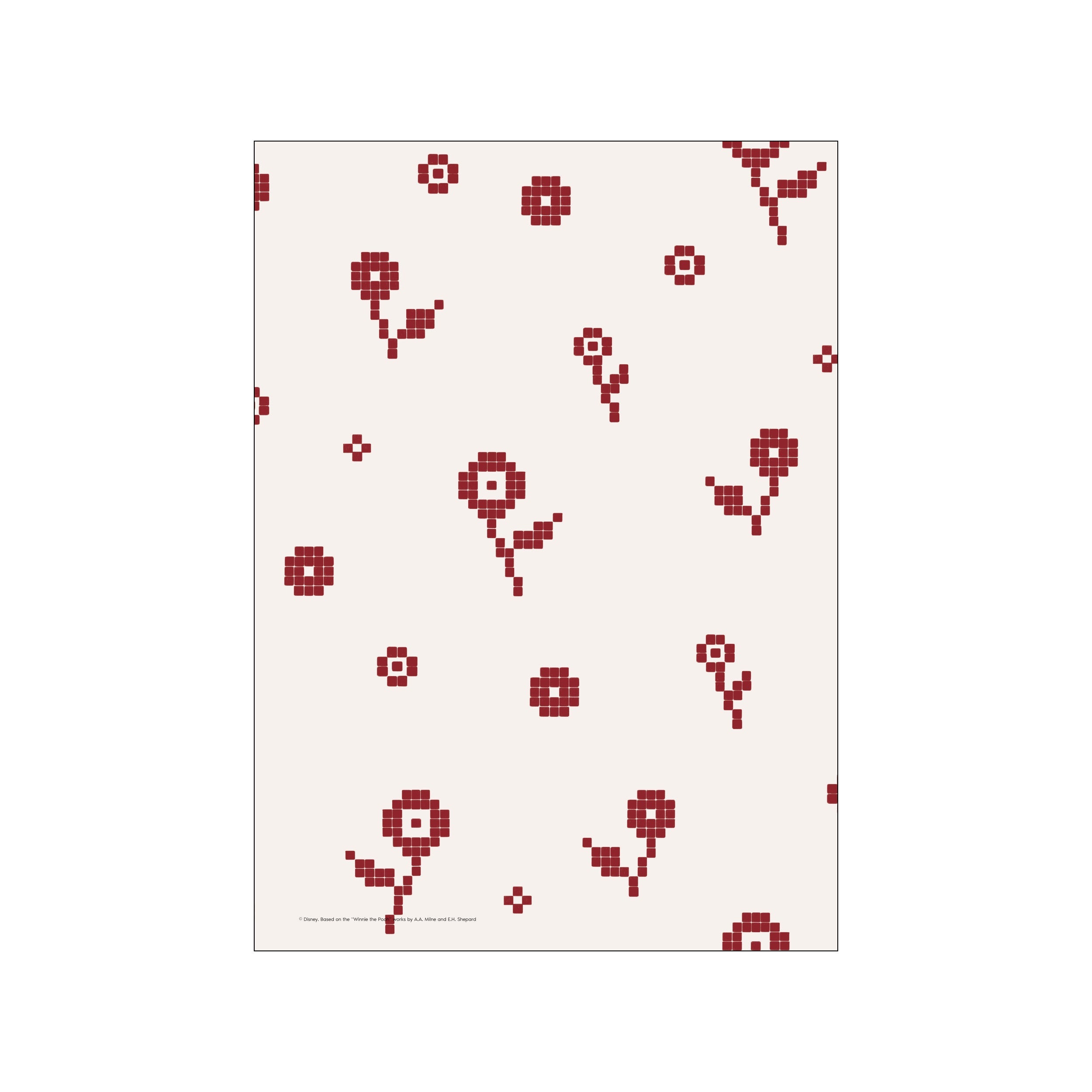 A repeating pattern of stylized red flowers, formed from small squares, scattered across a soft cream background. The artwork has a playful, pixelated aesthetic with a warm, charming vibe.