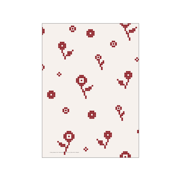 A repeating pattern of stylized red flowers, formed from small squares, scattered across a soft cream background. The artwork has a playful, pixelated aesthetic with a warm, charming vibe.