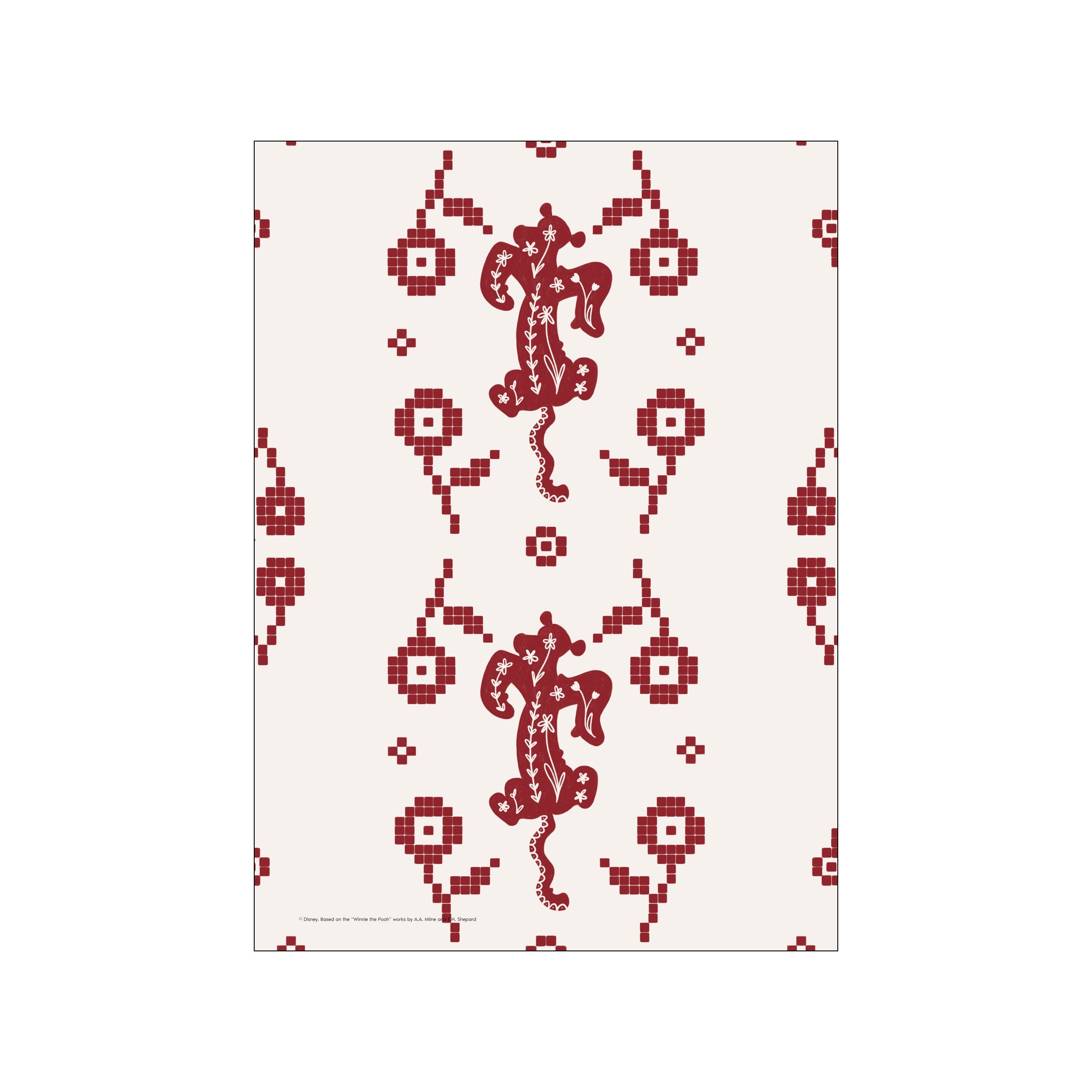 A whimsical cross-stitch inspired pattern featuring Tigger in deep crimson on a cream background, adorned with floral motifs, evoking a vintage and playful mood.