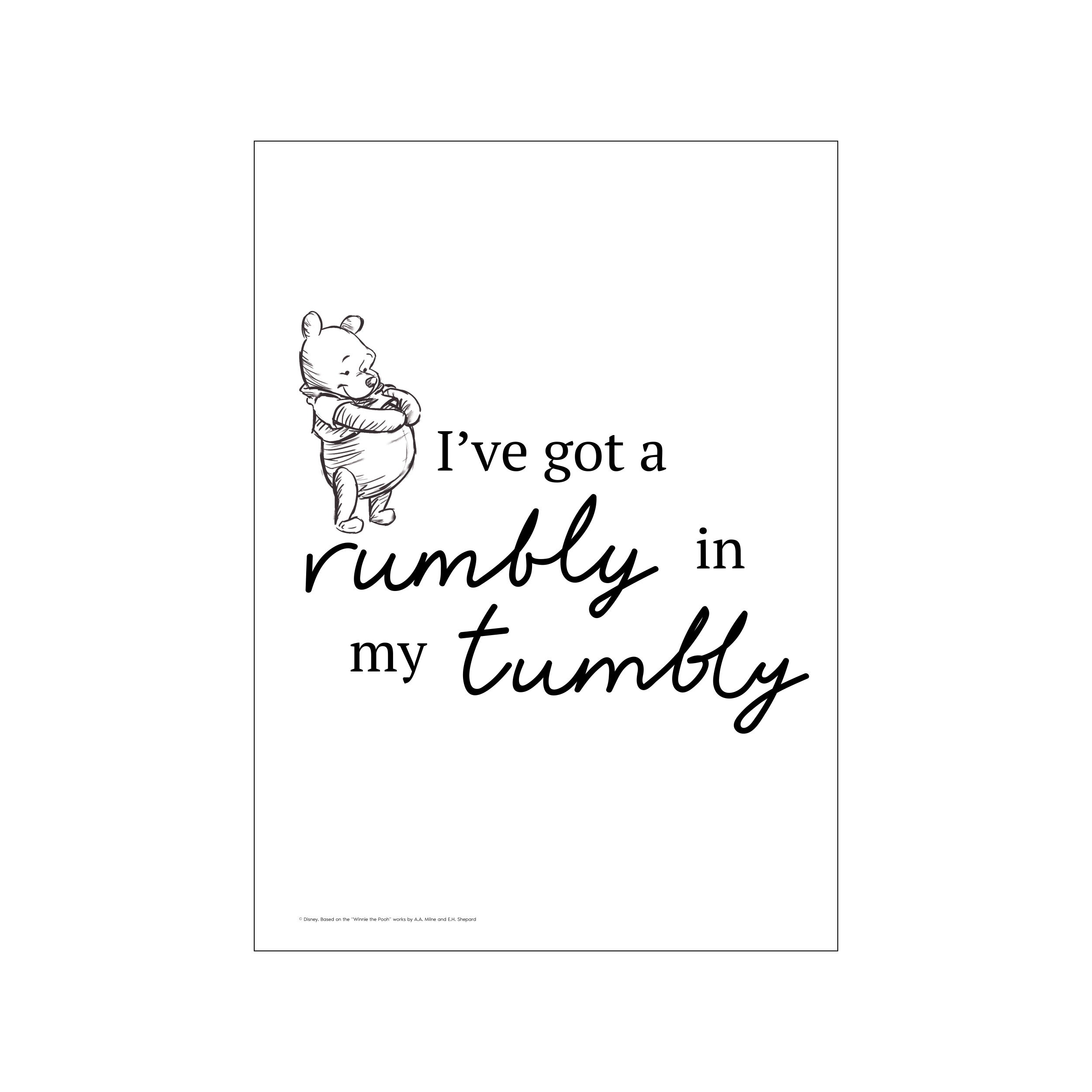 Winnie the Pooh sketch with the quote 'I've got a rumbly in my tumbly' in simple black ink on a white background, creating a nostalgic and charming visual.
