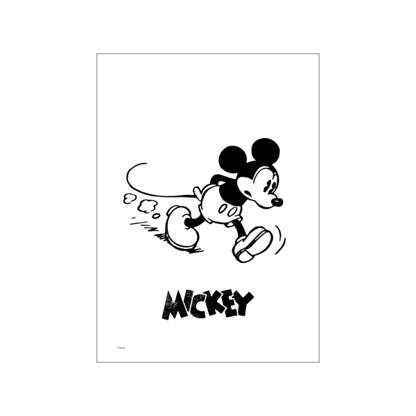 A minimalist black and white illustration of Mickey Mouse in a running pose, with the word 'MICKEY' below in distressed lettering, evoking a vintage, playful vibe.