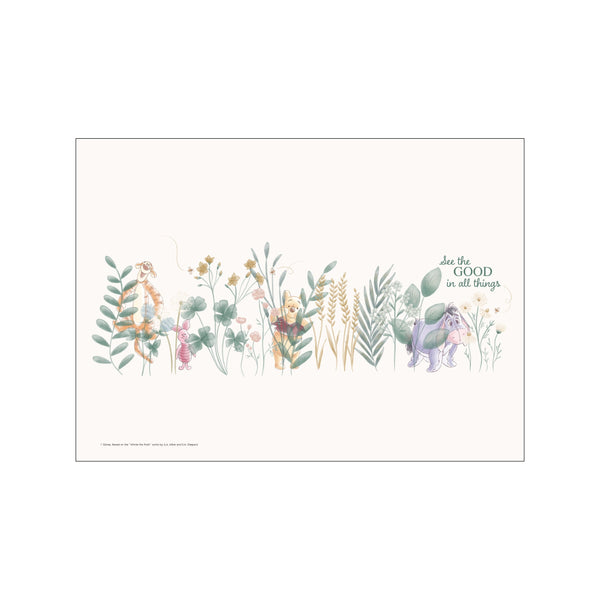 A whimsical watercolor depiction of Winnie the Pooh, Piglet, Tigger, and Eeyore peeking through a border of soft green leaves, delicate pink and yellow flowers, and muted wheat stalks, with the phrase 'See the GOOD.