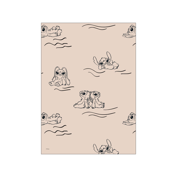 A minimalist line art pattern featuring playful sketches of Disney characters Stitch and Angel in various relaxed poses against a soft, neutral-toned background.