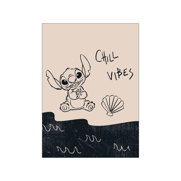 A line drawing of Stitch from Disney sitting by the water, with 'Chill Vibes' written above. The artwork uses a simple palette of beige and dark blue, evoking a relaxed, seaside atmosphere.
