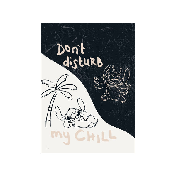 Line art of Disney character Stitch relaxing under a palm tree, with the text 'Don't disturb my chill' on a background split between creamy beige and dark charcoal, evoking a relaxed vibe.