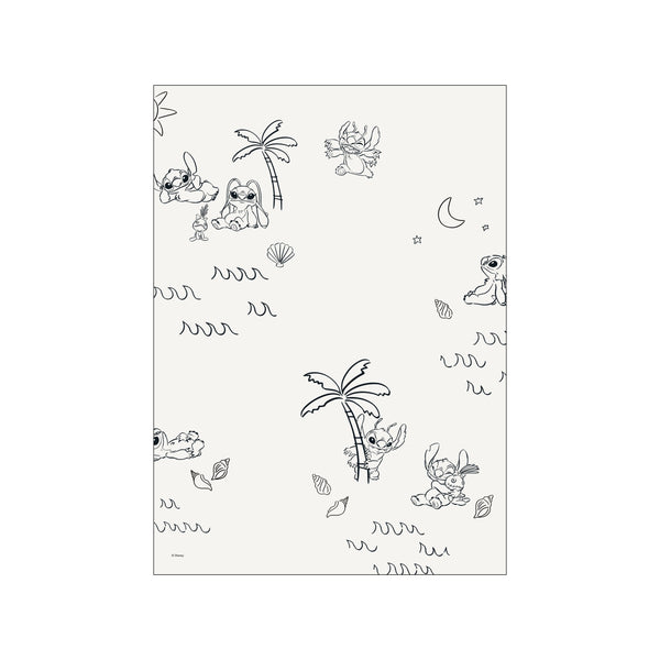 A whimsical illustration featuring Stitch in various playful poses amongst palm trees, seashells, and gentle waves on a light background. The simple black and white line art creates a serene and imaginative island atmosphere.