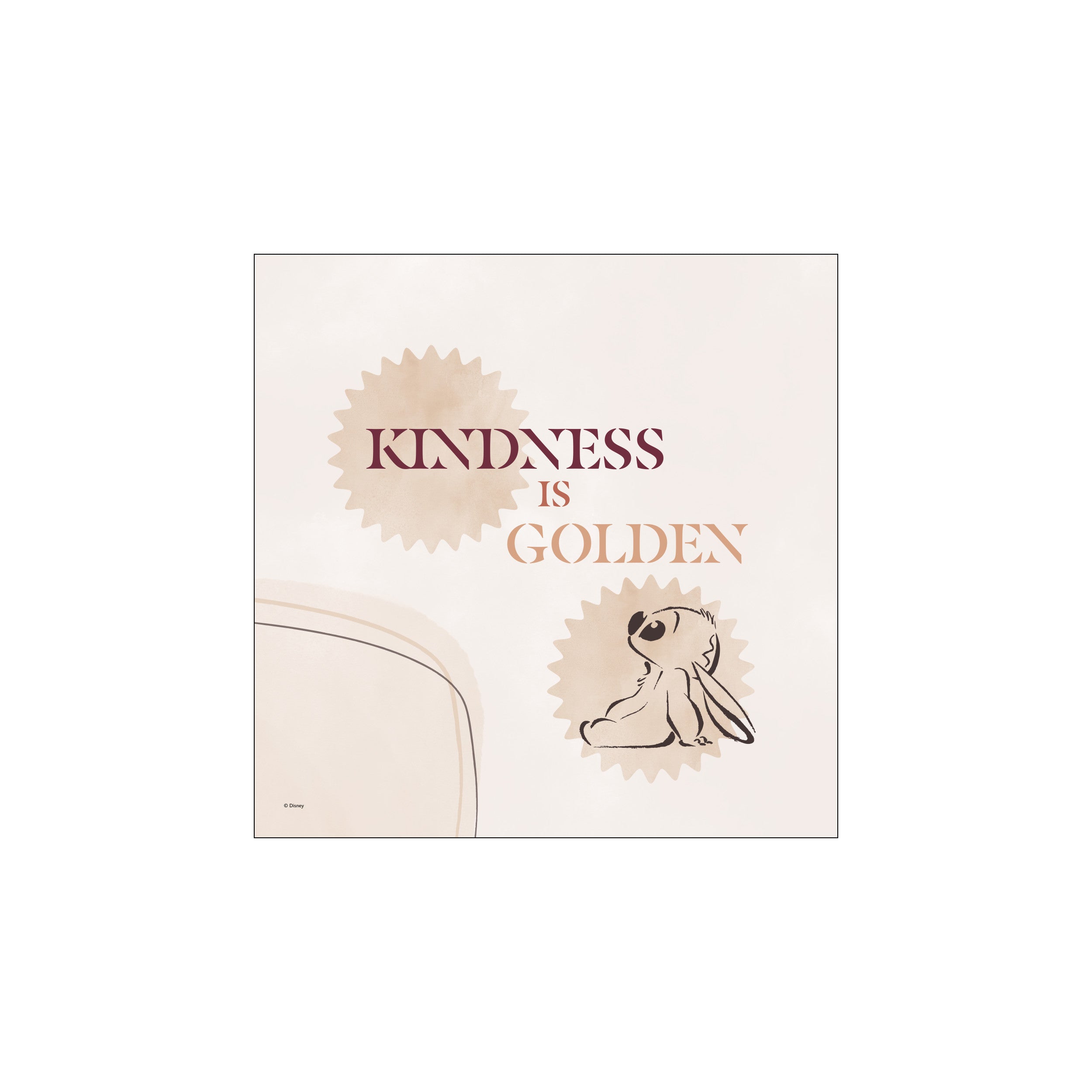 A whimsical illustration of Stitch sitting, with the words "Kindness Is Golden" displayed above him. The artwork uses a soft, muted color palette of creams, tans, and a touch of berry, creating a gentle and.