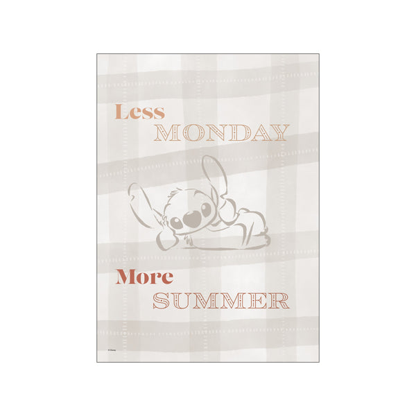 A minimalist depiction of Stitch from Disney lounging on a soft, neutral-toned plaid background, with the words 'Less Monday, More Summer' in elegant script.