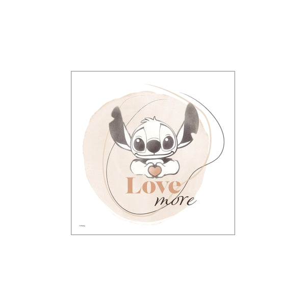 A charming illustration of Stitch from Disney, holding a heart and the words 'Love more'. The artwork features soft watercolor textures in beige and rose, with delicate linework against a white background, evoking a sense.