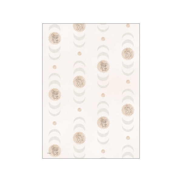 A repeating pattern artwork featuring Stitch in a playful pose surrounded by stylized crescent moons and small circular sunbursts. The color palette is soft and neutral, with creamy and light beige tones, evoking a gentle.
