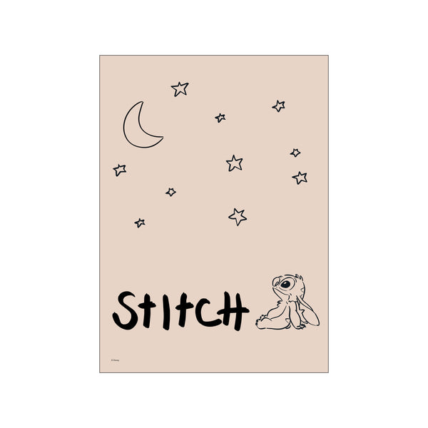 A minimalist depiction of Disney's Stitch sitting below a crescent moon and scattered stars, set against a soft, peachy-beige background. The overall vibe is whimsical, serene, and playful.