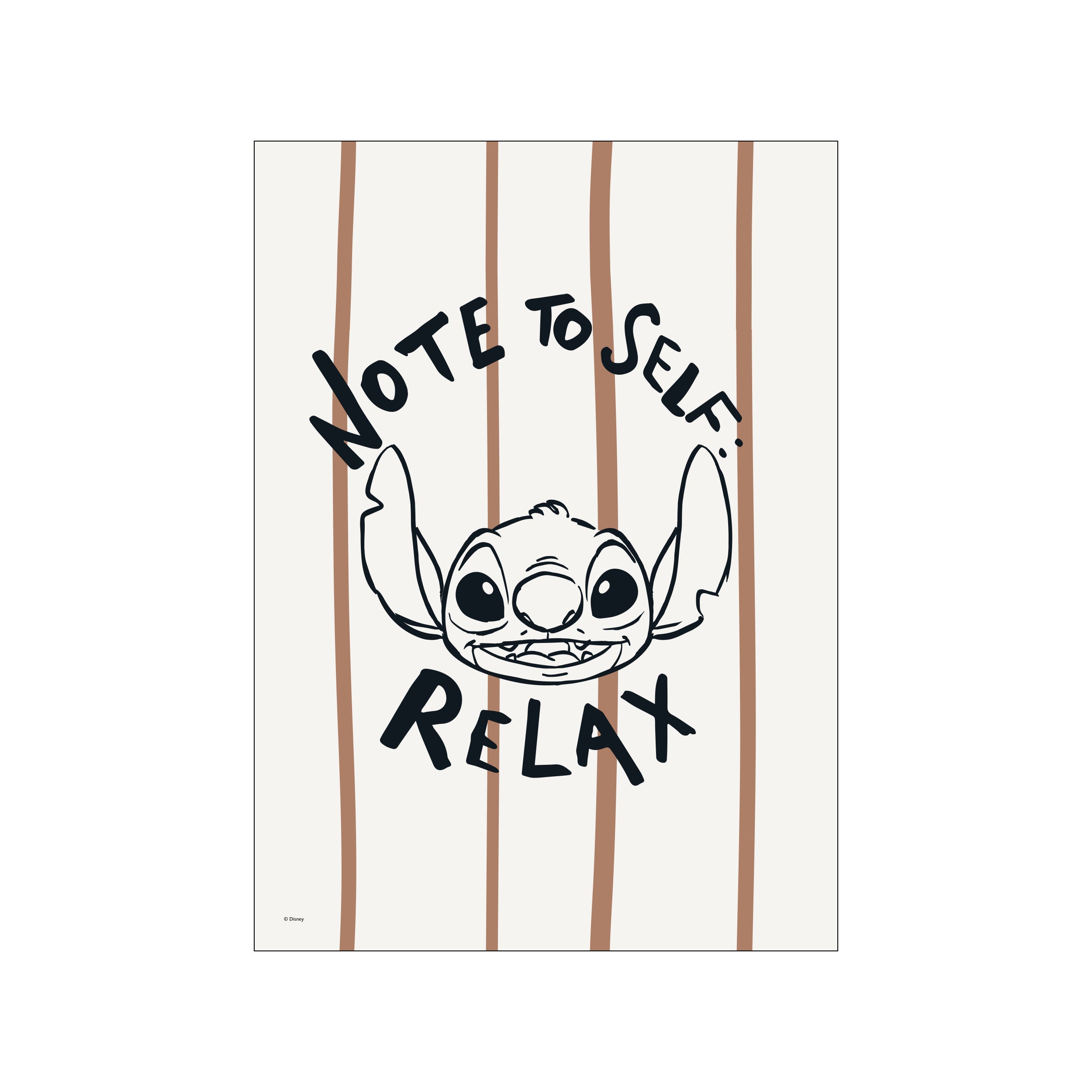 Stitch from Disney, smiling with a 'Note To Self: Relax' message, set against a cream background with thin, warm brown vertical stripes. Evokes a feeling of playful calm.