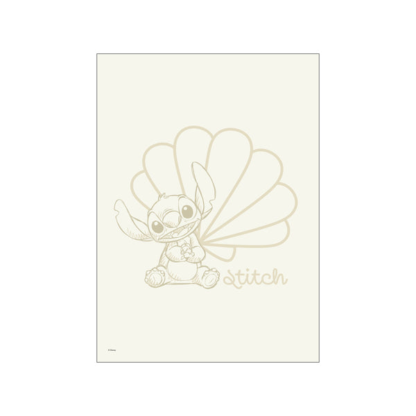 A charming outline drawing of Disney's Stitch sitting with a seashell design behind him, rendered in a soft, sandy color on a creamy background, creating a light and playful atmosphere.
