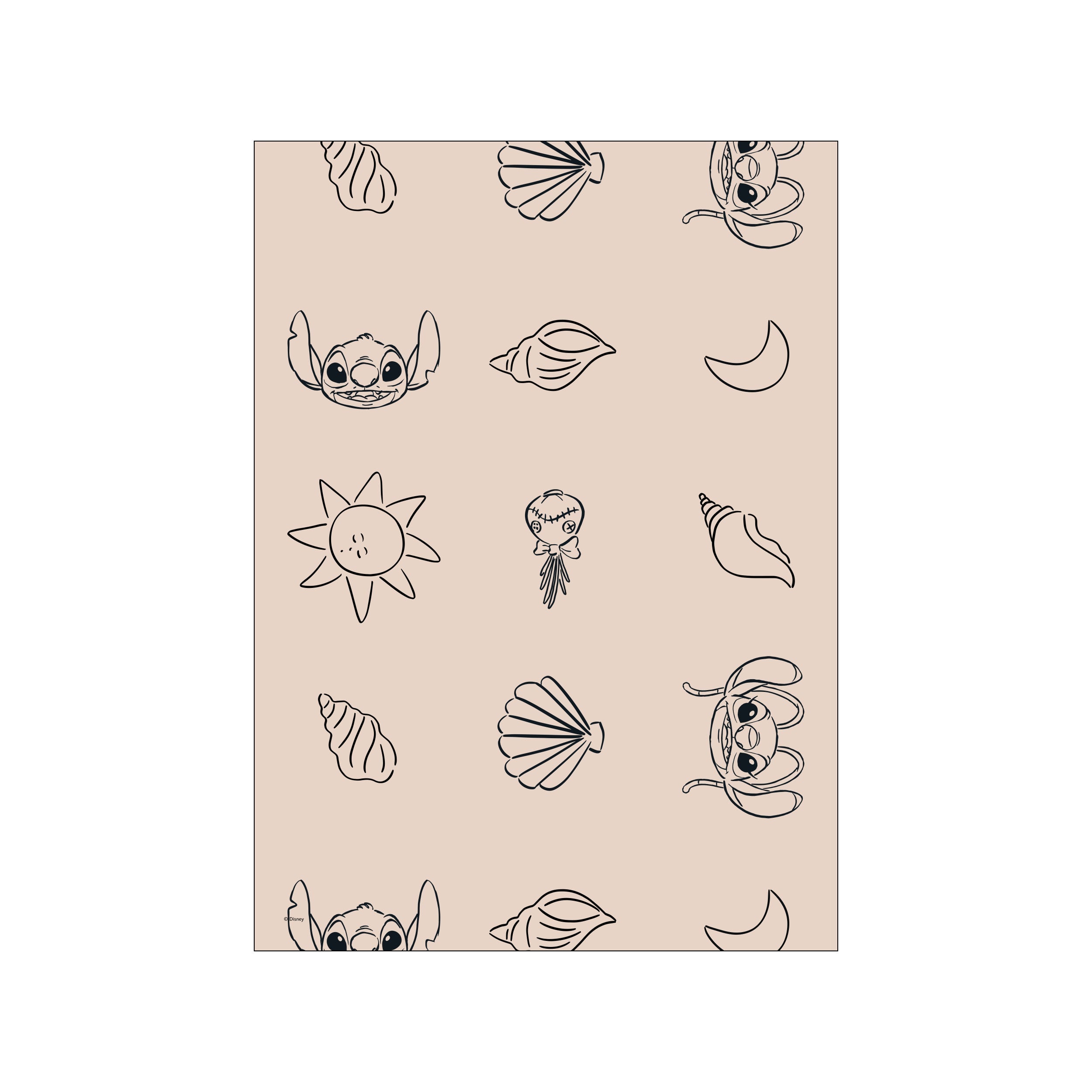 A playful pattern featuring outlines of Stitch's face, seashells, a sun, and a crescent moon on a soft, neutral background. Evokes a whimsical, coastal, and lighthearted atmosphere.