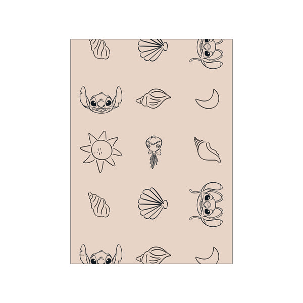 A playful pattern featuring outlines of Stitch's face, seashells, a sun, and a crescent moon on a soft, neutral background. Evokes a whimsical, coastal, and lighthearted atmosphere.