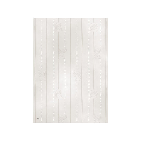 A gentle, abstract stripe pattern in muted beige and cream tones, featuring faint, playful sketches of Stitch peeking from behind the vertical lines.