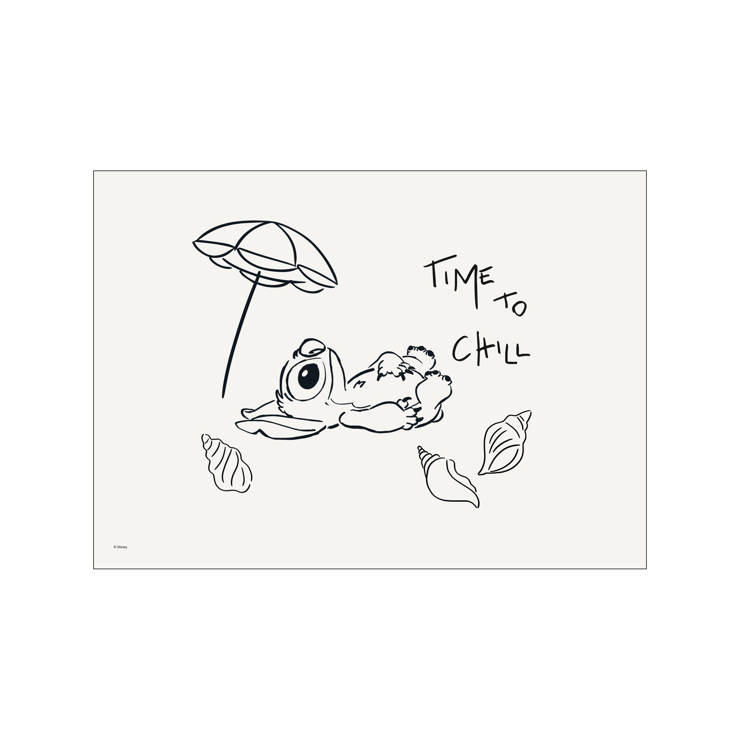 A whimsical line drawing shows the character Stitch relaxing on a beach under an umbrella, surrounded by seashells. The text 'Time To Chill' is playfully written nearby, evoking a peaceful and carefree mood.