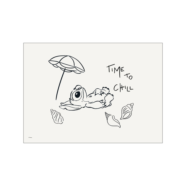A whimsical line drawing shows the character Stitch relaxing on a beach under an umbrella, surrounded by seashells. The text 'Time To Chill' is playfully written nearby, evoking a peaceful and carefree mood.