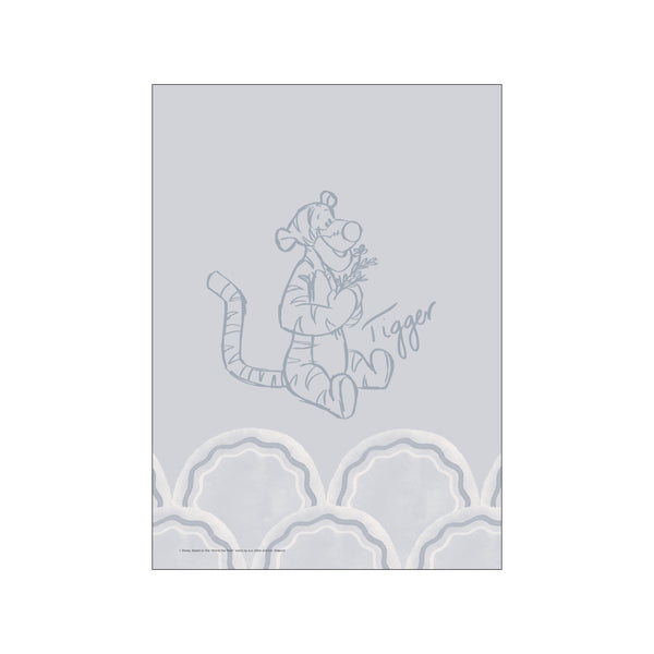 A soft blue sketch of Tigger from Disney, sitting and holding a sprig of flowers, against a muted blue background with scalloped wave-like patterns at the bottom. The name 'Tigger' is handwritten beside him.