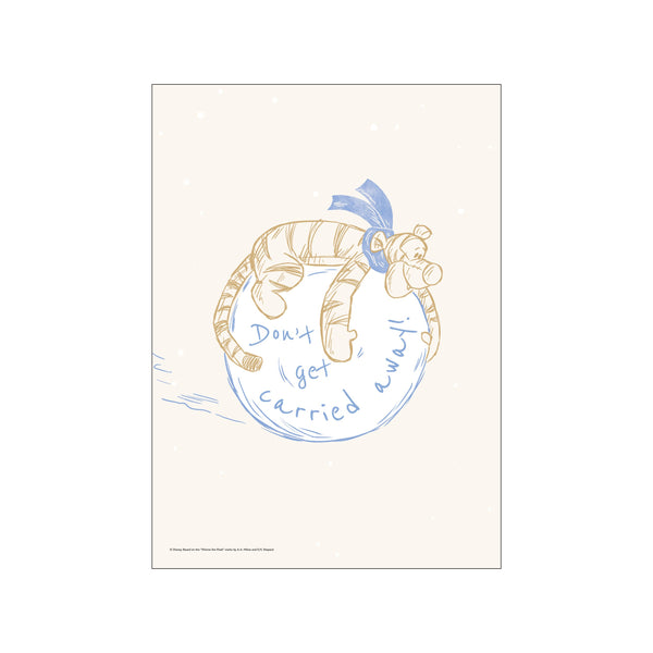 A charming sketch of Tigger from Disney, depicted in golden-brown linework, playfully tumbling on a blue sphere with text 'Don't get carried away'. Soft, creamy background with subtle white dots.
