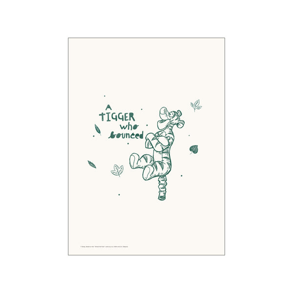 A charming illustration of Disney's Tigger mid-bounce, outlined in green against a soft cream background, with delicate green leaves and dots scattered around him, conveying a feeling of energetic joy and playful movement.