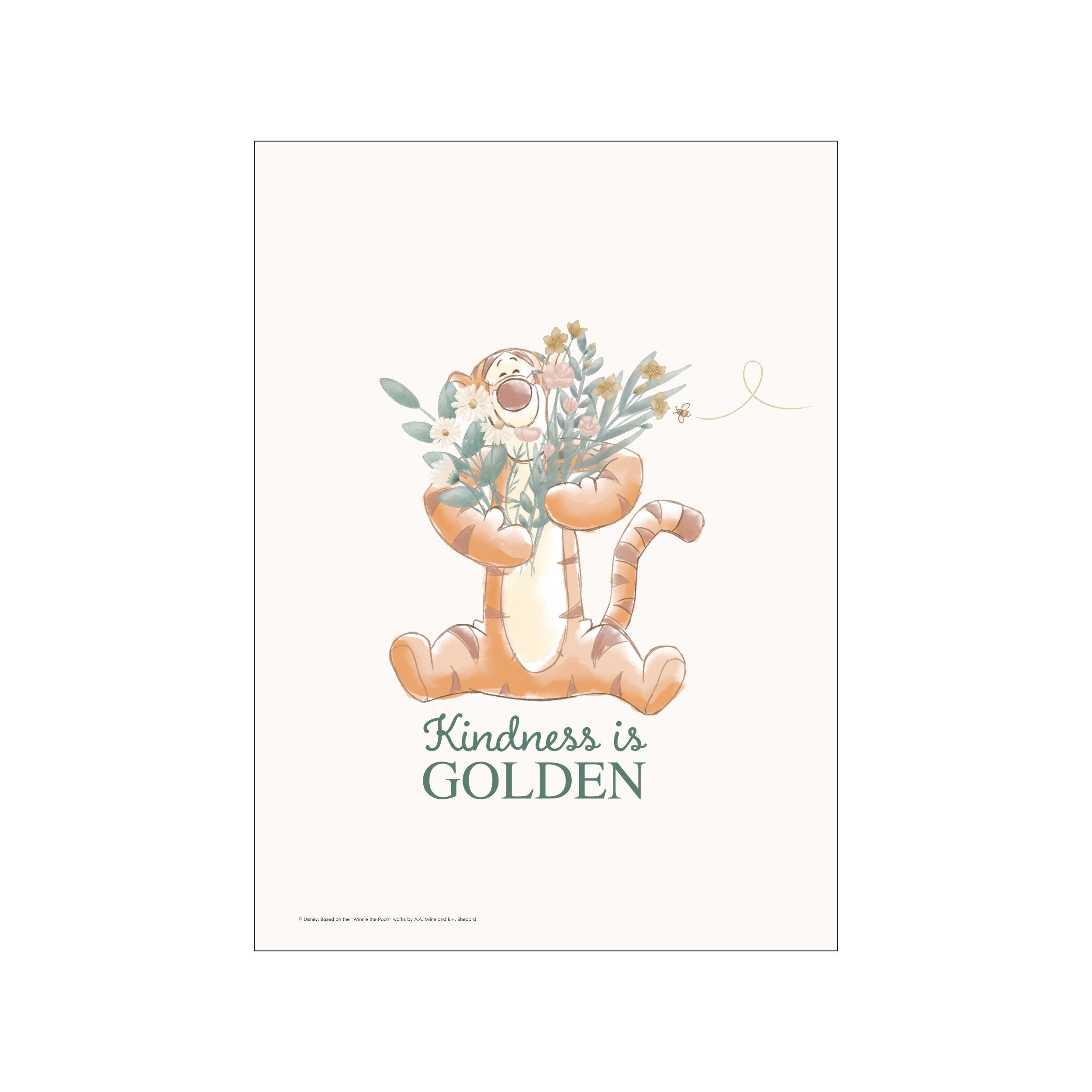 An illustration of the character Tigger sitting and holding a bouquet of pastel-colored flowers and green leaves. The text 'Kindness is GOLDEN' appears below, with a small bee flying nearby. The overall vibe is sweet.
