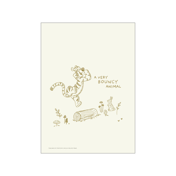 A Tigger illustration in a playful, mid-air pose. Surrounded by simple line drawings of mushrooms, a log, and a small rabbit, set against a cream background. The artwork has a whimsical, nostalgic, and joyful vibe.