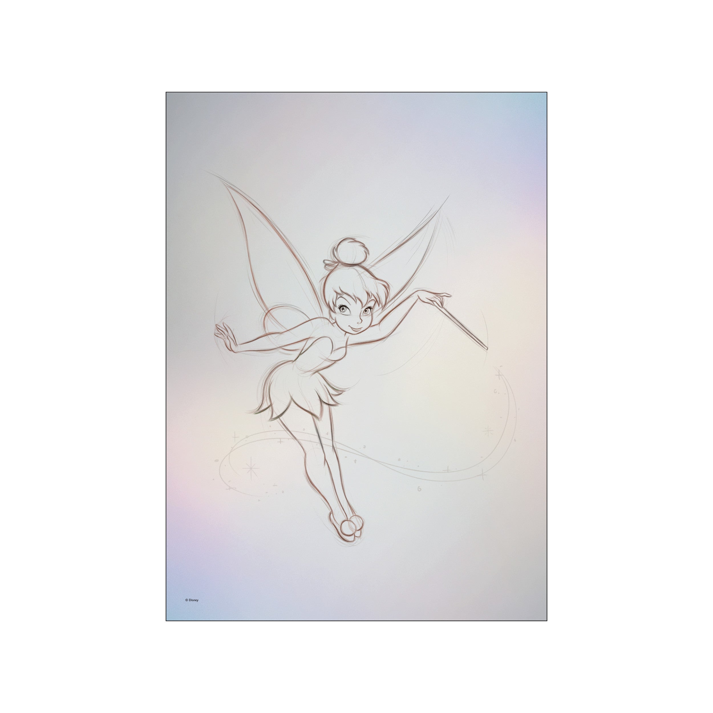 A whimsical pencil sketch of Disney's Tinker Bell in a playful pose, with delicate wings and a magic wand. The artwork features a soft, gradient pastel background evoking a dreamy, enchanting atmosphere.