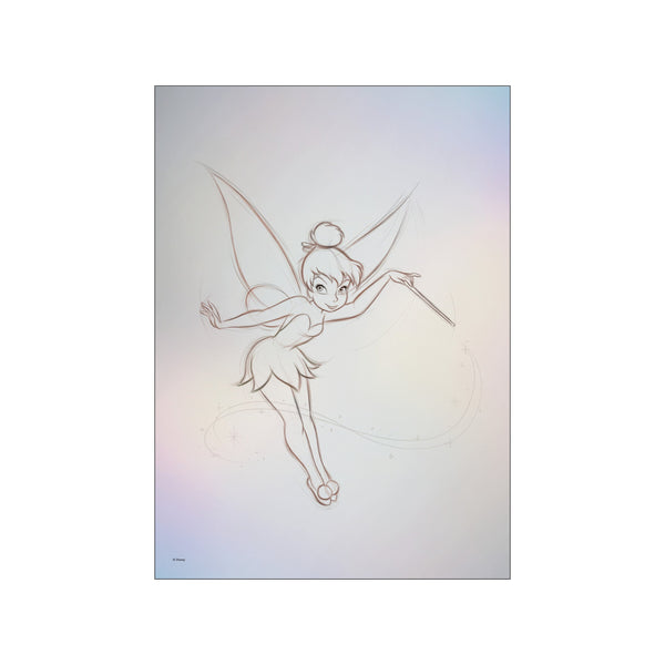 A whimsical pencil sketch of Disney's Tinker Bell in a playful pose, with delicate wings and a magic wand. The artwork features a soft, gradient pastel background evoking a dreamy, enchanting atmosphere.
