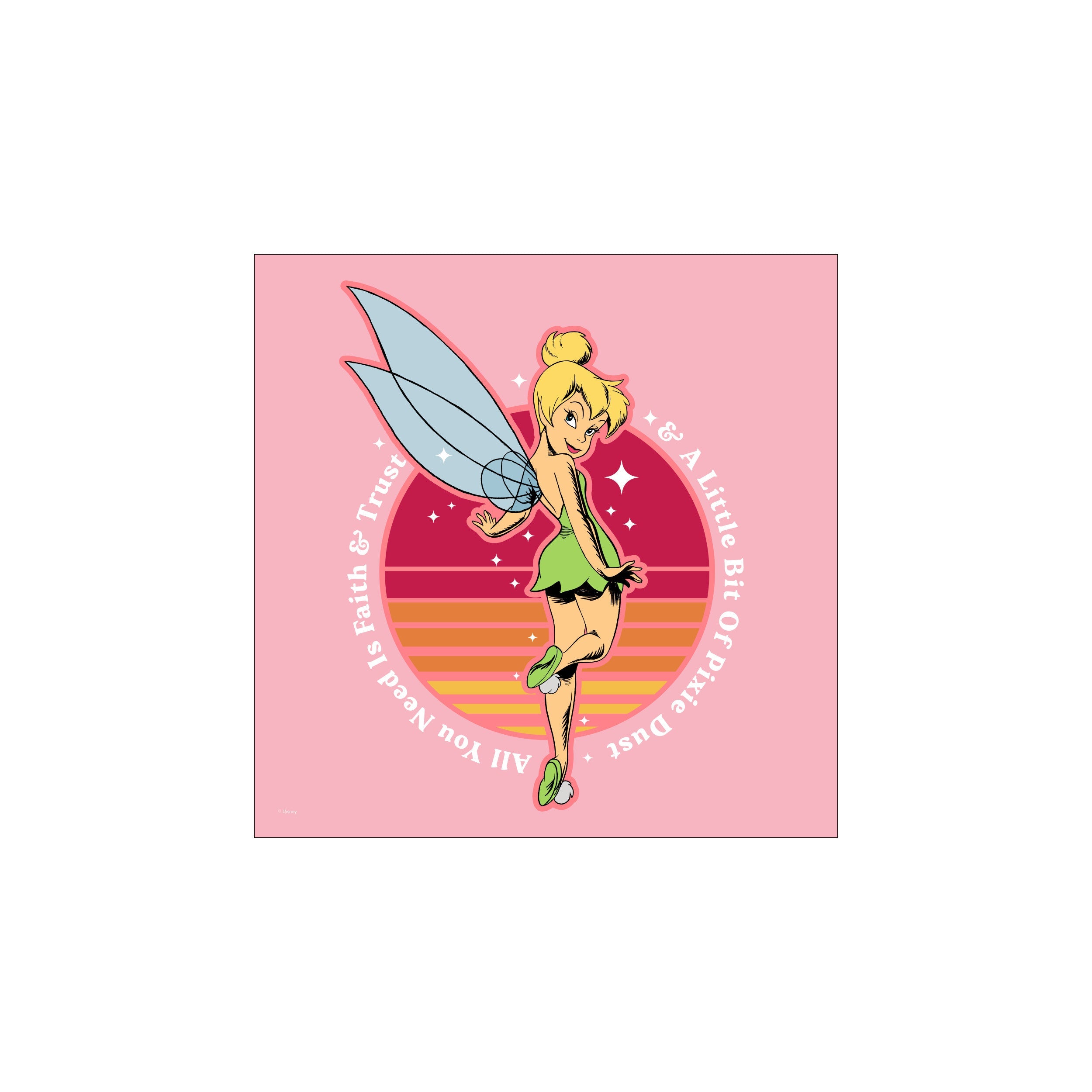 Tinker Bell, the iconic fairy, is depicted in a playful pose against a backdrop of warm sunset hues. The artwork is encircled by soft pink and radiant stars, radiating a sense of magic and enchantment.