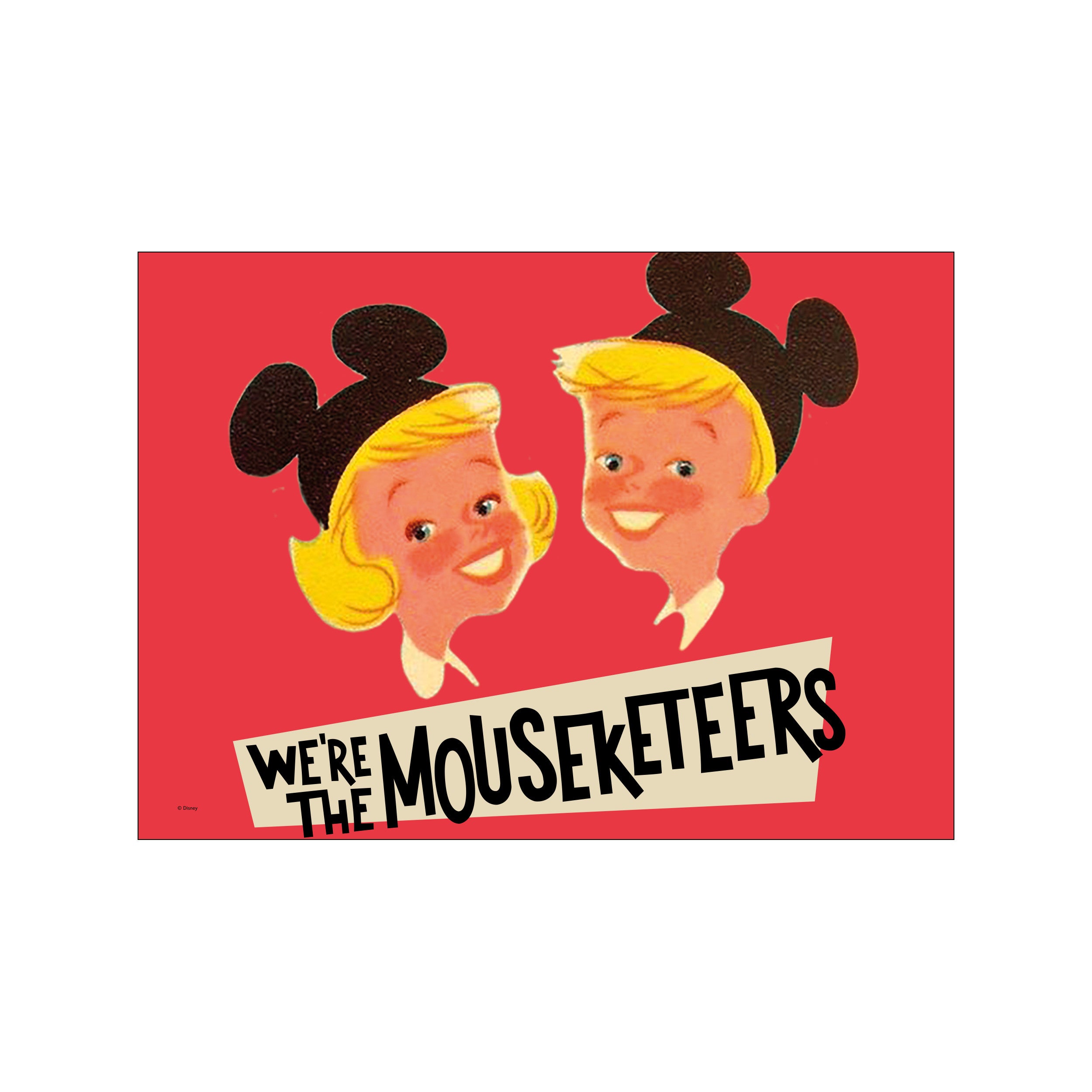 A vintage-inspired depiction of two smiling children wearing Mickey Mouse ears against a bright red background with the text 'We're the Mouseketeers' in bold lettering.
