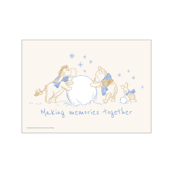 Winnie the Pooh, Eeyore, and Piglet playfully rolling a snowball together on a soft, creamy background with delicate blue snowflakes and the words 'Making memories together.'