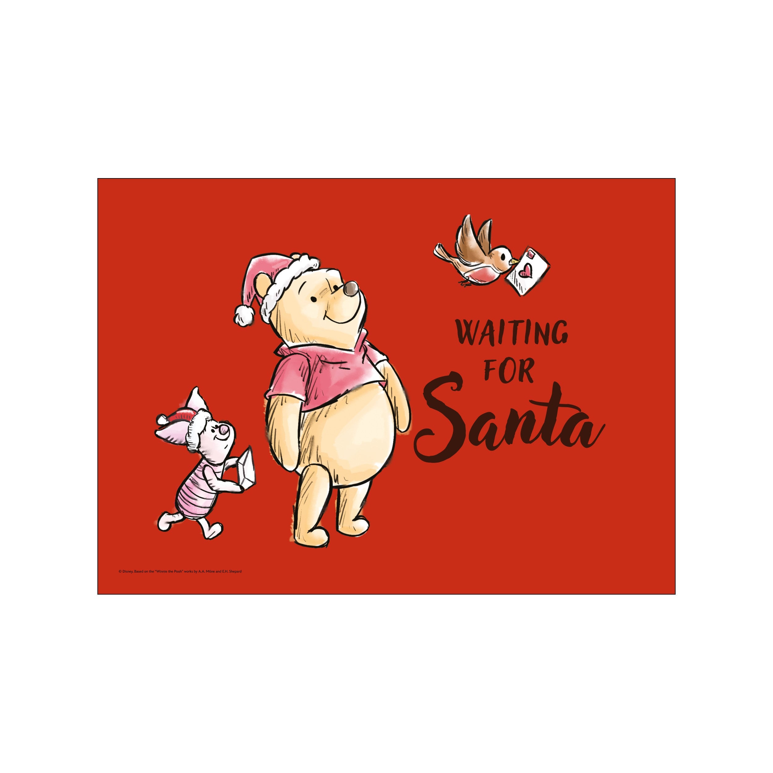 Winnie the Pooh and Piglet wear Santa hats, holding letters, and looking expectantly on a bright red background. Text reads 'Waiting For Santa'. Evokes holiday cheer and gentle anticipation.