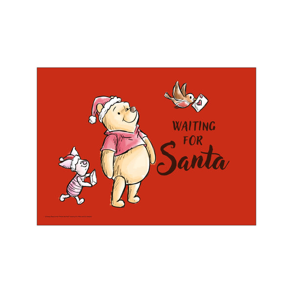 Winnie the Pooh and Piglet wear Santa hats, holding letters, and looking expectantly on a bright red background. Text reads 'Waiting For Santa'. Evokes holiday cheer and gentle anticipation.