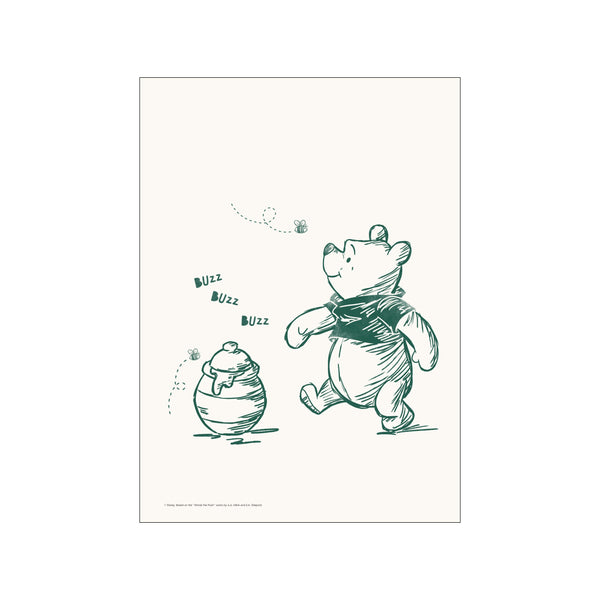 A whimsical line drawing of Winnie the Pooh walking towards a honey pot, with two bees buzzing playfully nearby. The illustration is in a deep green hue against a soft, creamy background, evoking a gentle.