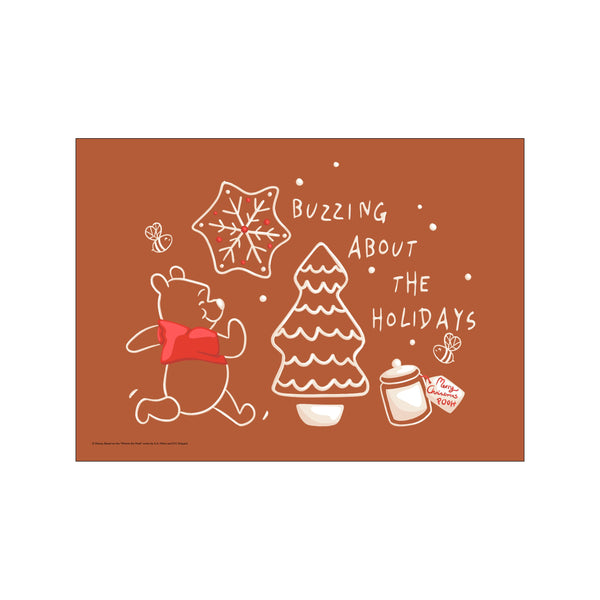 Winnie the Pooh, depicted with a red scarf and cheerful expression, buzzes about the holidays alongside a gingerbread tree and pot of honey, all outlined in white on a warm, rust-colored background.