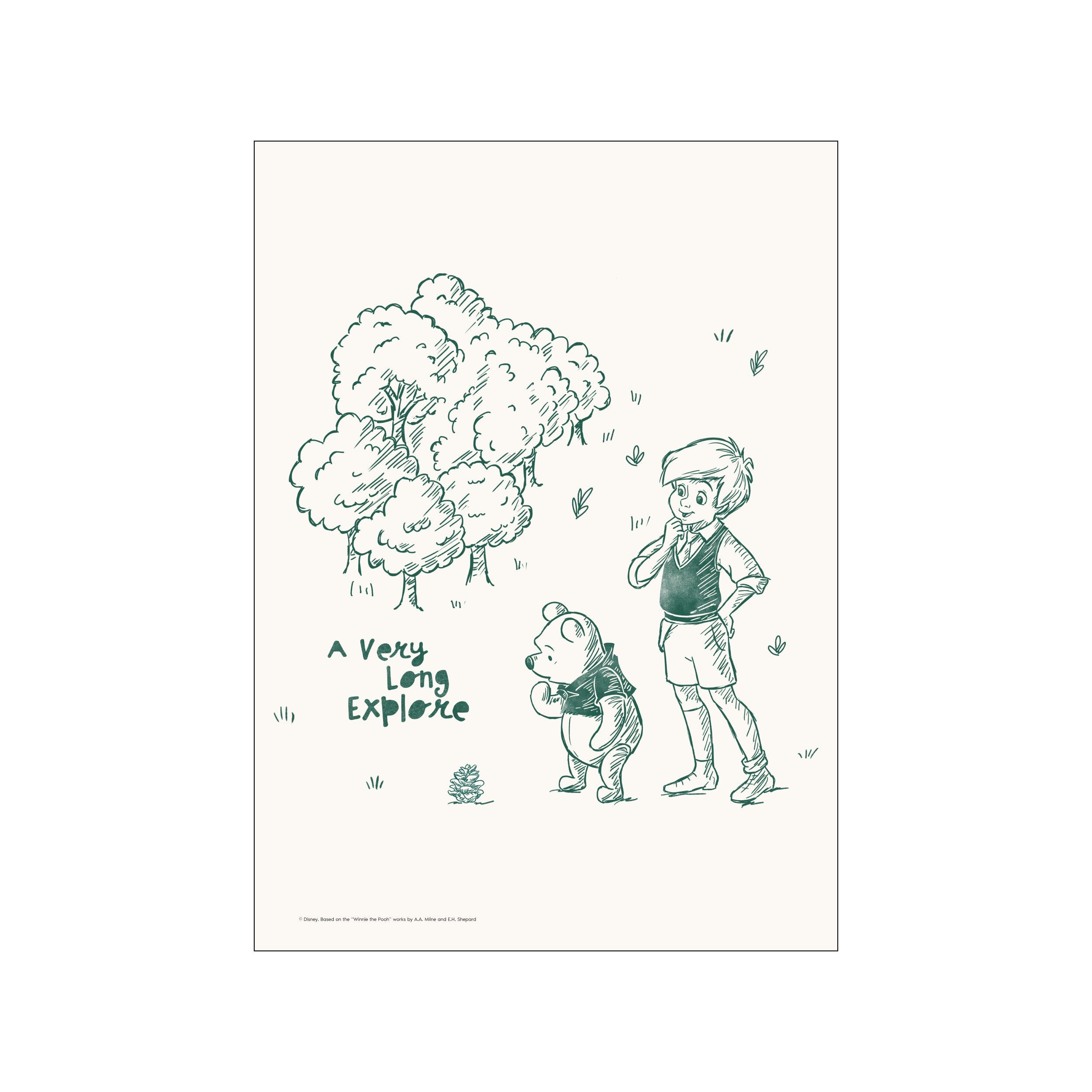 A whimsical sketch in forest green of Winnie the Pooh and Christopher Robin standing in a meadow with trees. The text 'A Very Long Explore' is also featured. The background is a soft, creamy off-white.