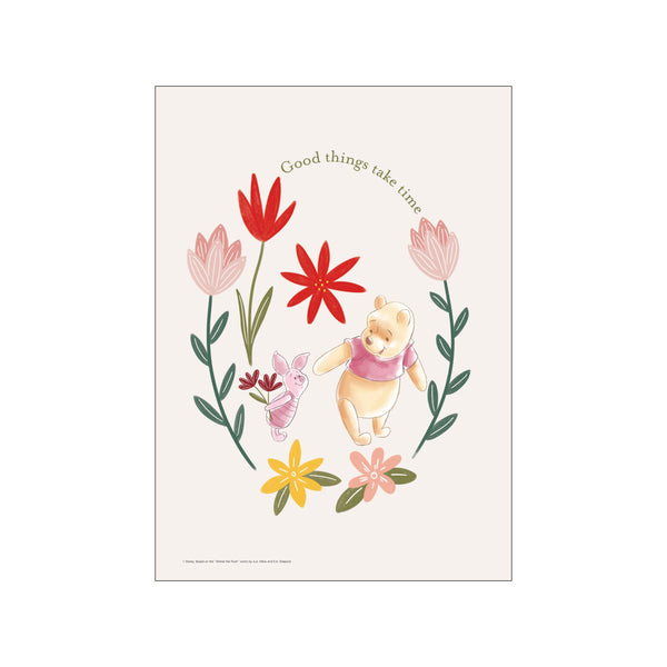Winnie the Pooh and Piglet surrounded by a wreath of soft pink and red flowers, with green leaves and a pastel background. The artwork has a gentle, whimsical, and heartwarming storybook feel, suggesting friendship and.