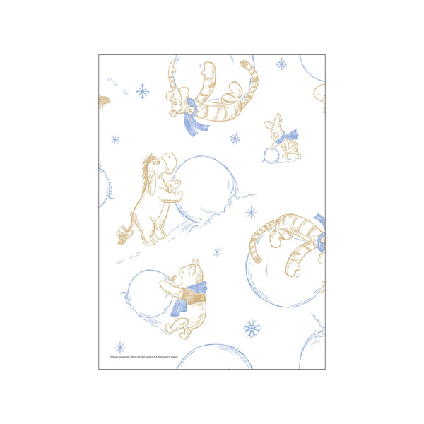 A charming sketch featuring Winnie the Pooh, Eeyore, Tigger, and Piglet playfully interacting with snowballs and snowflakes. The art uses a warm gold and soft blue color palette on a white background, conveying a joyful.