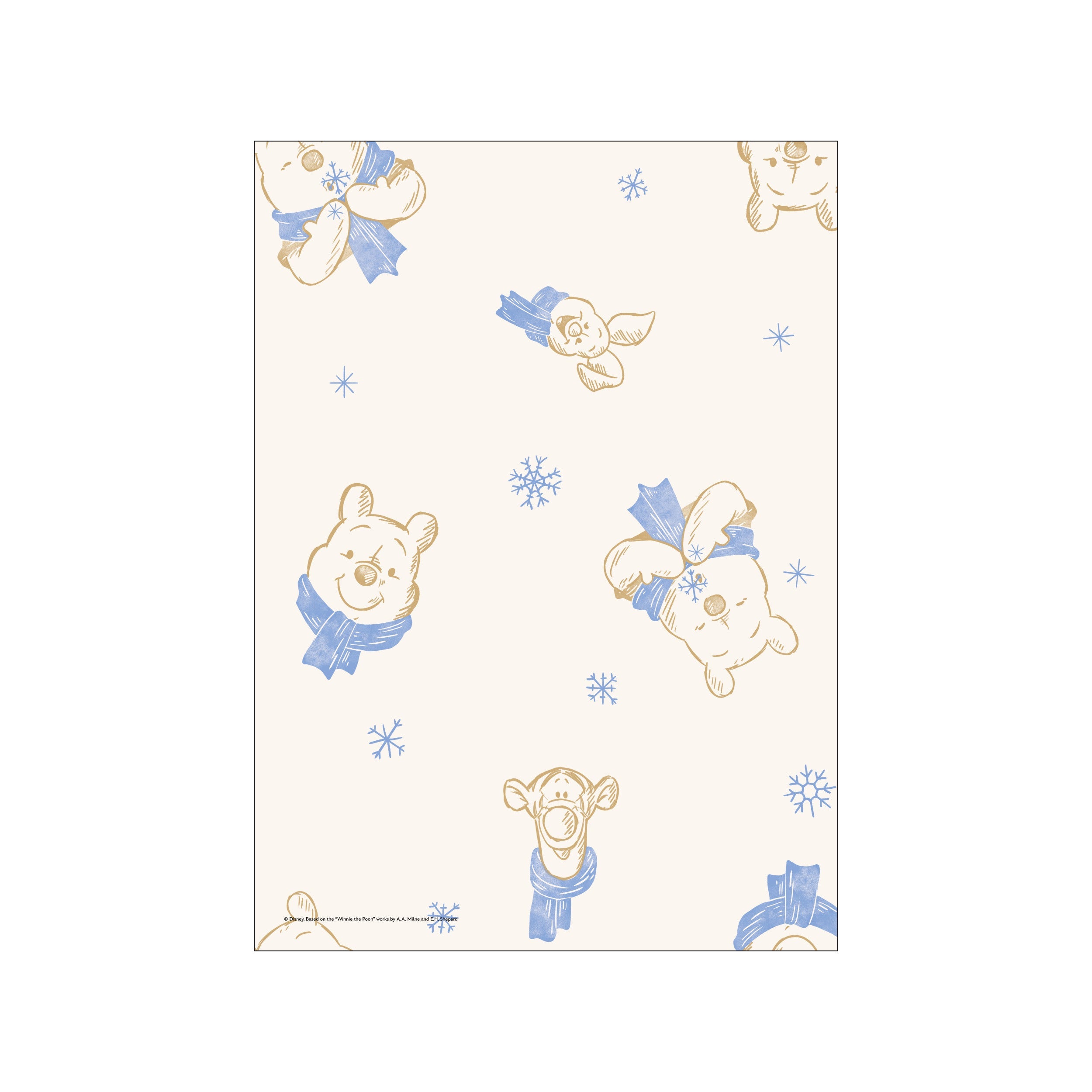 Charming Disney illustration of Winnie the Pooh and friends in winter, with gold outlines and soft blue scarves and snowflakes on a cream background, evoking a cozy and nostalgic vibe.