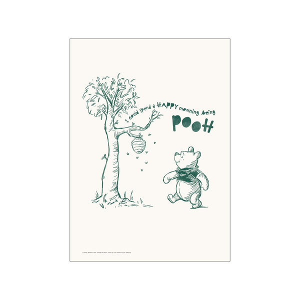 A charming sketch of Winnie the Pooh walking happily beside a tree with a beehive. The artwork features whimsical lettering in a soft green hue on a creamy background, evoking a peaceful morning.