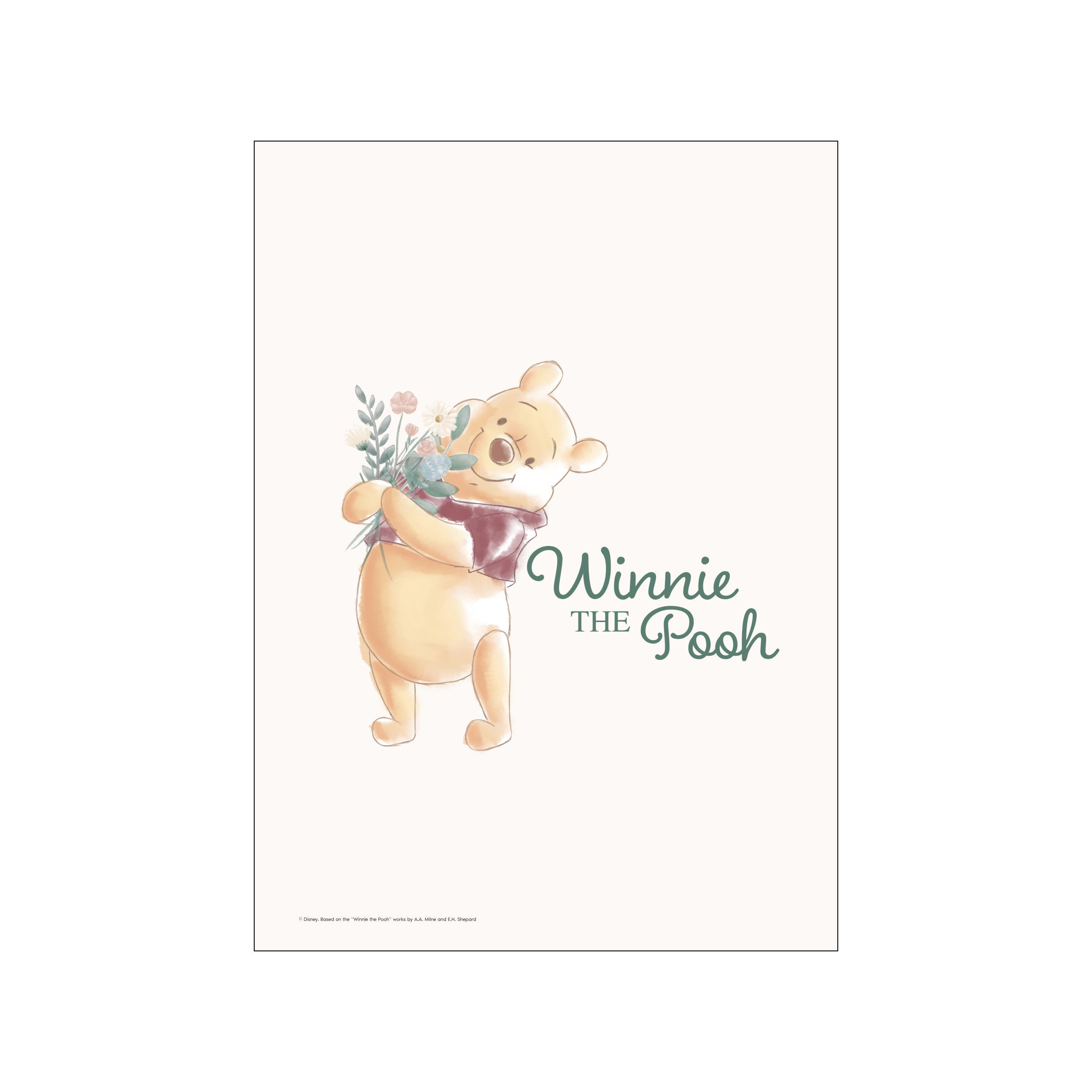 A watercolor-style illustration of Winnie the Pooh holding a delicate bouquet of small pink and white flowers with green foliage, against a soft cream background. The artwork exudes a gentle, sweet, and nostalgic vibe.