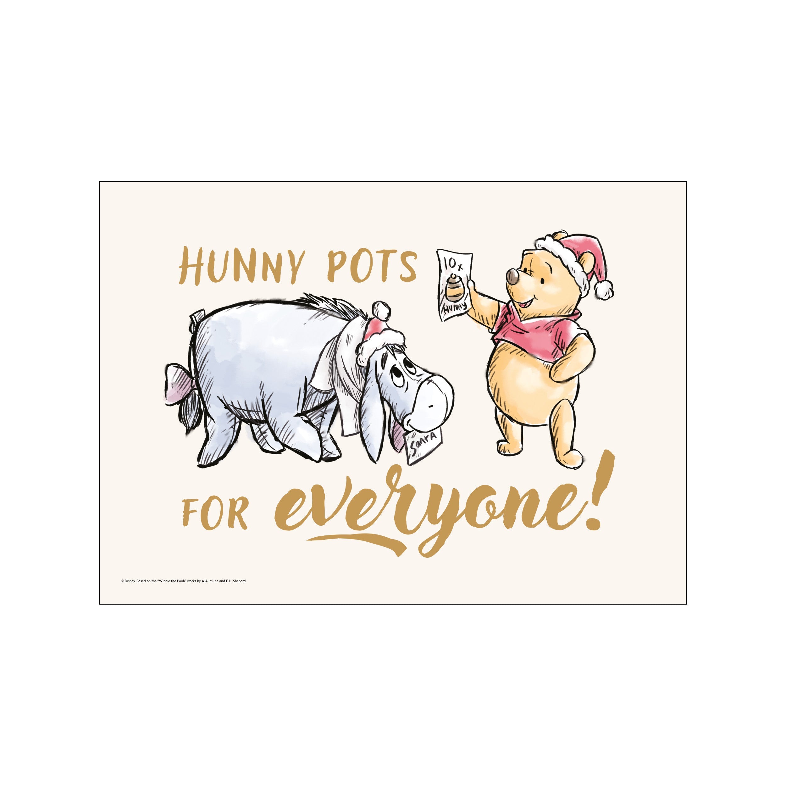 An illustration of Winnie the Pooh holding a '10x Hunny' sign and Eeyore with a Santa hat, set against a neutral background. The text 'Hunny Pots for Everyone!' is rendered in elegant gold script. The.
