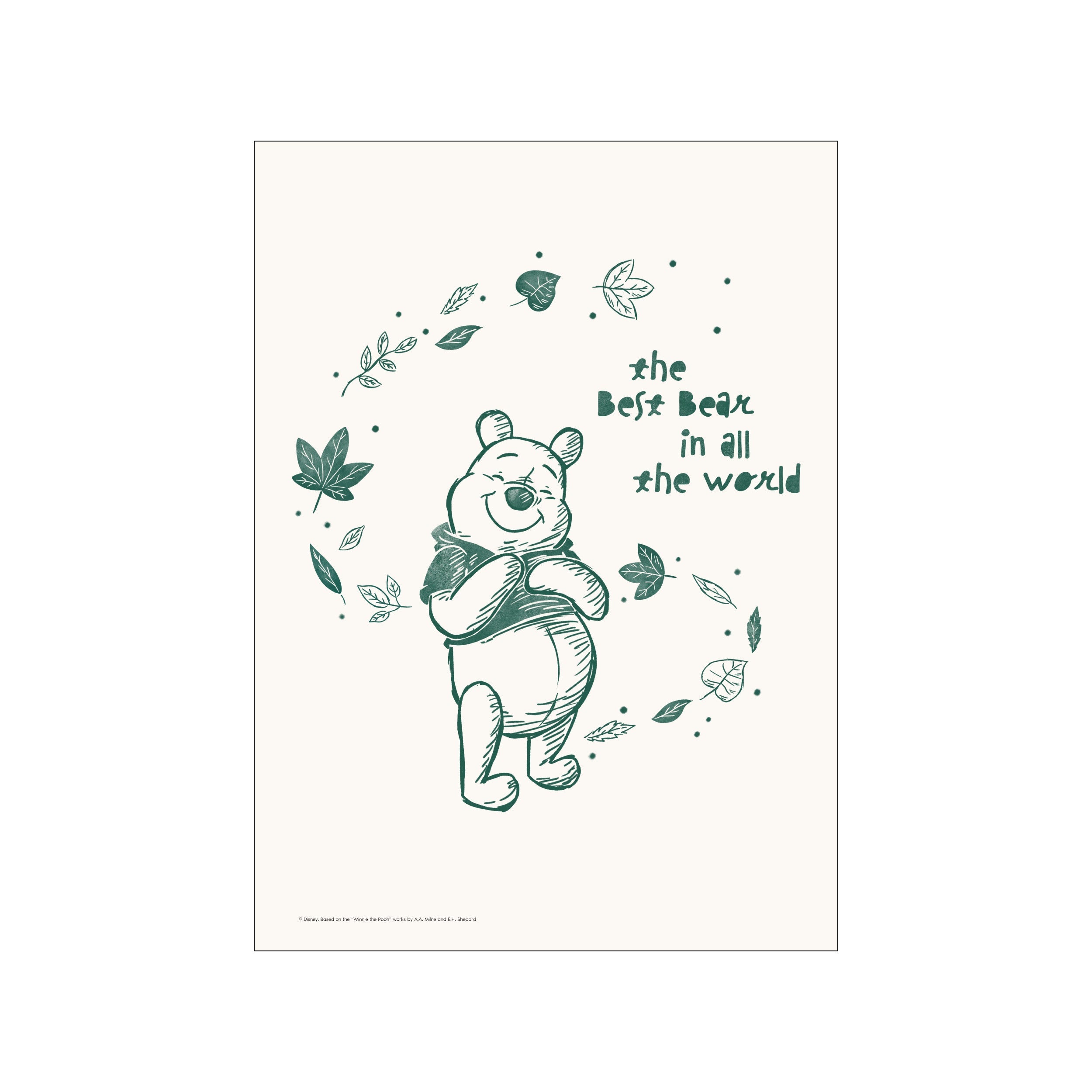 A sketch of Winnie the Pooh with his eyes closed and a gentle smile, surrounded by a circle of green leaves and dots. Text reads 'the Best Bear in all the world'.