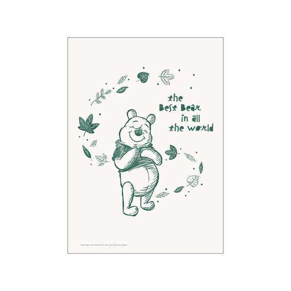 A sketch of Winnie the Pooh with his eyes closed and a gentle smile, surrounded by a circle of green leaves and dots. Text reads 'the Best Bear in all the world'.