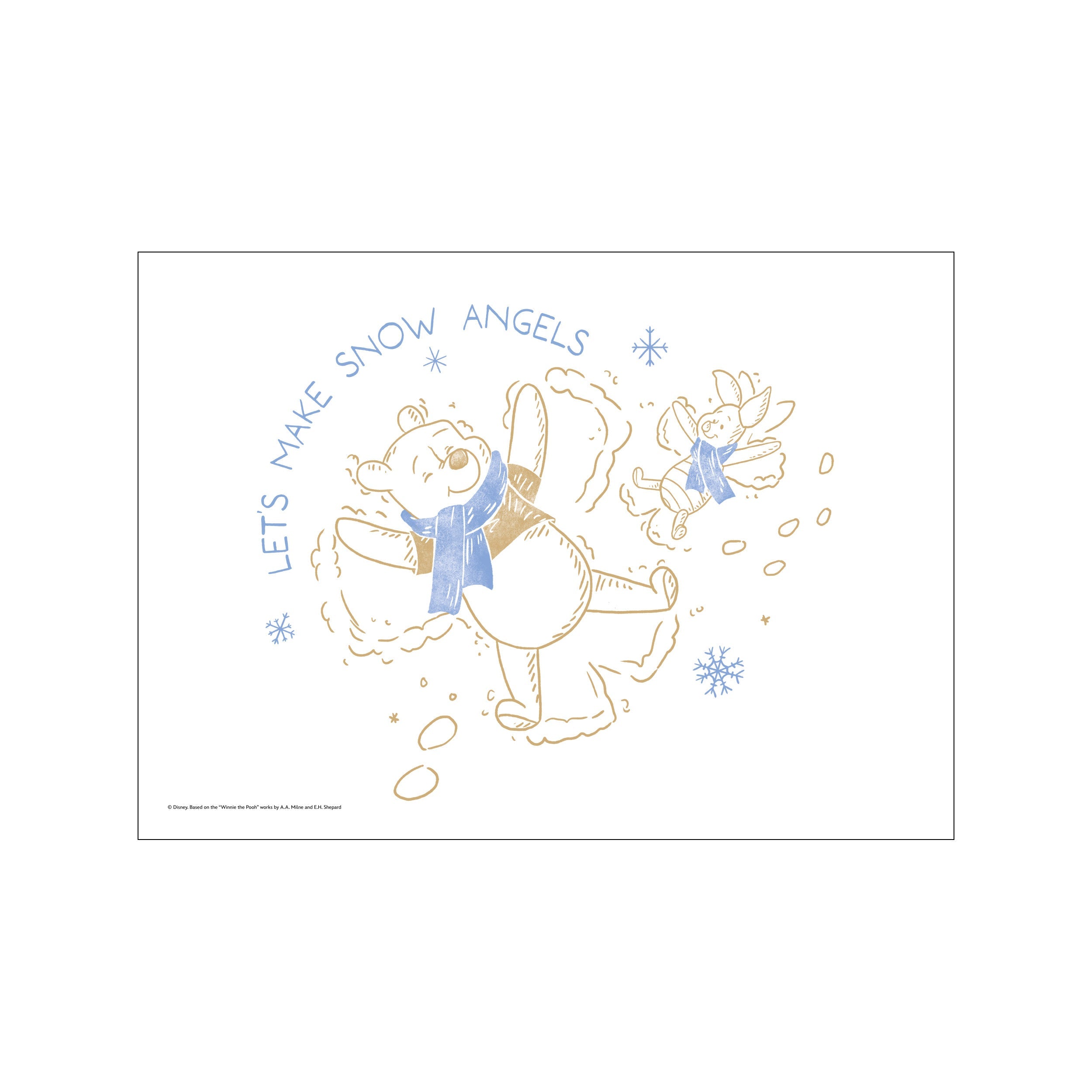 Winnie the Pooh and Piglet playfully making snow angels, surrounded by snowflakes. The illustration features soft, sketch-like lines in warm taupe and muted blue against a clean white background.