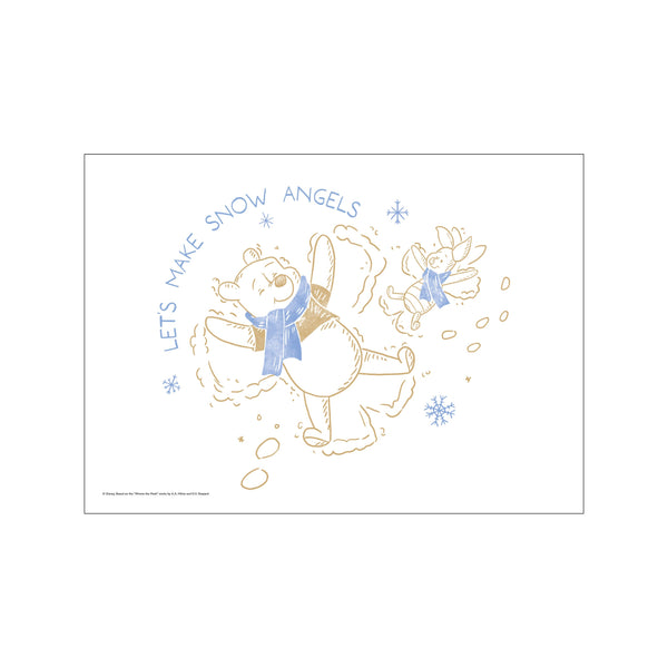 Winnie the Pooh and Piglet playfully making snow angels, surrounded by snowflakes. The illustration features soft, sketch-like lines in warm taupe and muted blue against a clean white background.