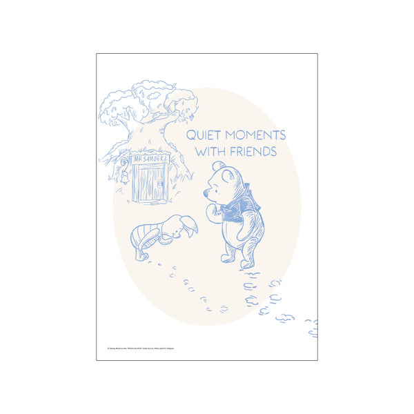 A charming, sketch-style illustration of Winnie the Pooh and Piglet sharing a quiet winter moment. The artwork features delicate blue linework on a creamy background, depicting footprints in the snow and a sense of gentle.