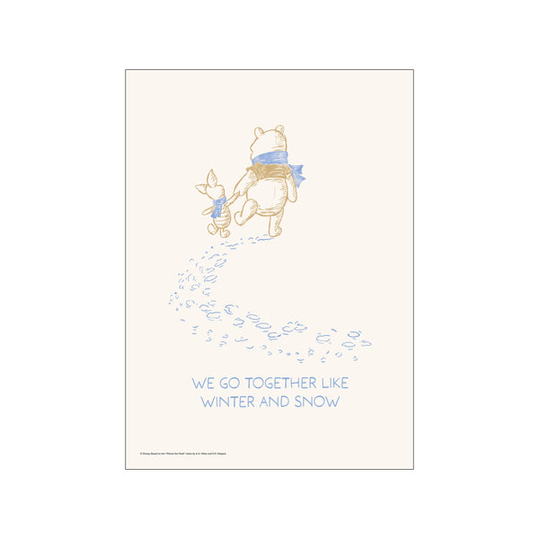 A whimsical sketch of Winnie the Pooh and Piglet holding hands and walking through the snow, their footprints visible. The artwork features soft, muted colors and a comforting, nostalgic vibe.